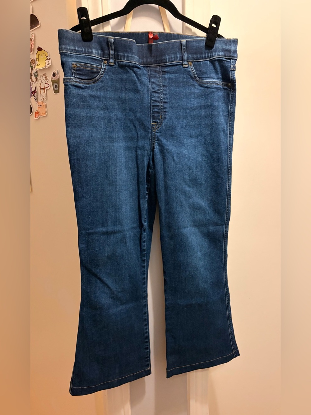 SPANX Dark Blue Flare Jeans Size XL Pull-on Stretch Denim. Cropped